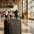 A black rolling suitcase with an extended telescoping handle stands in a brightly lit airport terminal. The suitcase has a front zippered pocket with a circular logo badge, and the background shows blurred travelers and large windows.