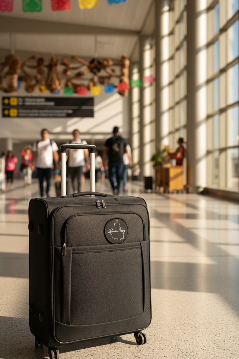 A black rolling suitcase with an extended telescoping handle stands in a brightly lit airport terminal. The suitcase has a front zippered pocket with a circular logo badge, and the background shows blurred travelers and large windows.