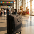 A black hard-shell rolling suitcase stands on a polished floor in a bright airport terminal, with travelers and colorful signage blurred in the background.