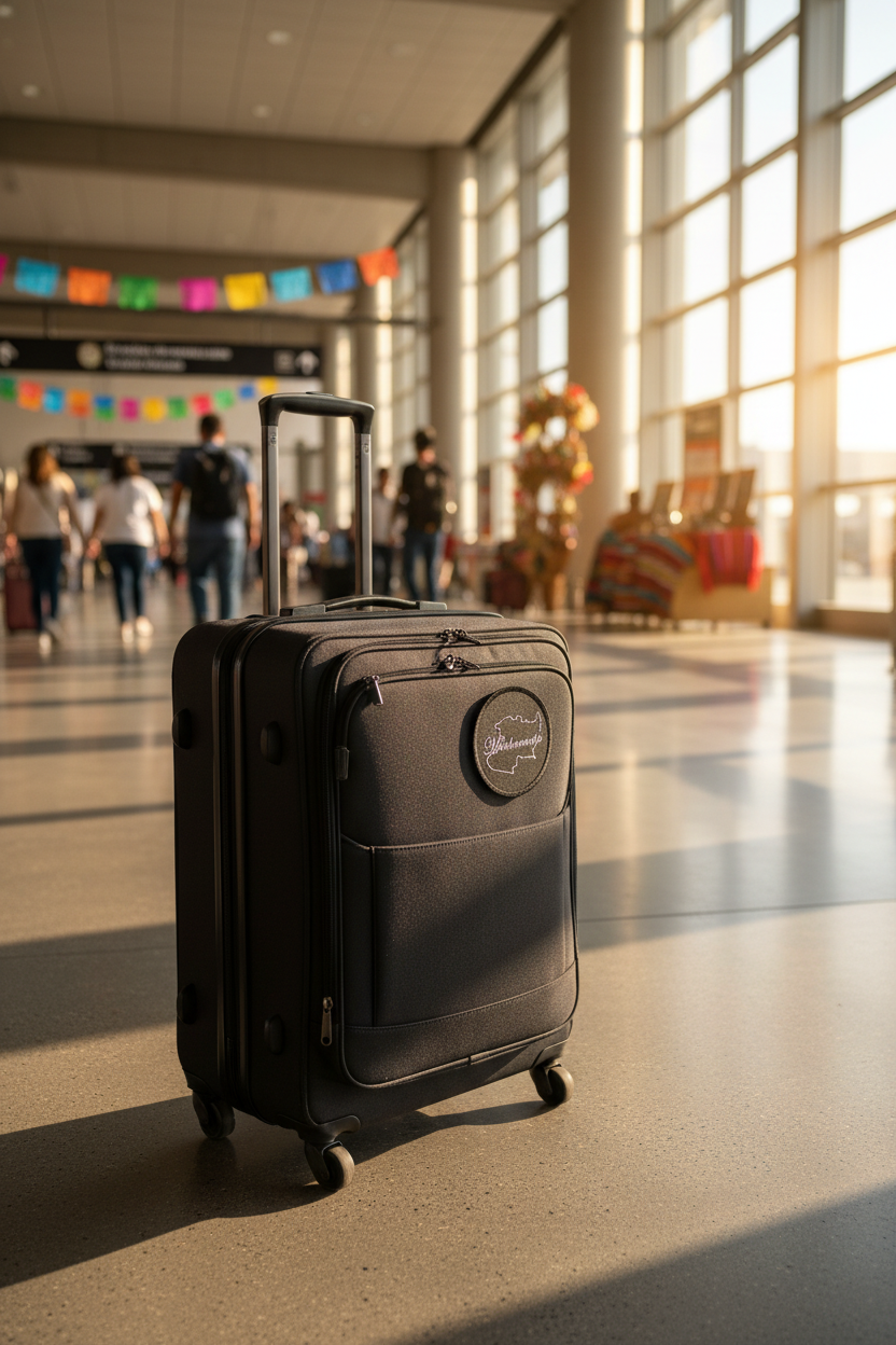 A black hard-shell rolling suitcase stands on a polished floor in a bright airport terminal, with travelers and colorful signage blurred in the background.