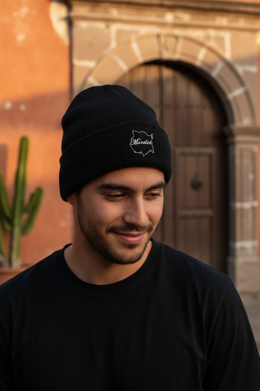 A man wearing a black Morelos knit beanie with a white embroidered logo, standing outdoors in front of a warm-toned stone building with a wooden door.