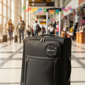 A black rolling suitcase with an extended telescoping handle stands in an airport terminal. The suitcase has a circular black-and-white logo patch on the front pocket that reads 'Meredith'.