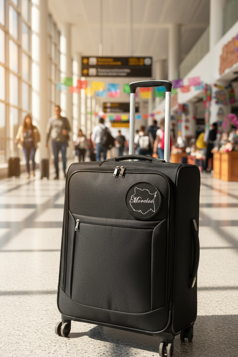 A black rolling suitcase with an extended telescoping handle stands in an airport terminal. The suitcase has a circular black-and-white logo patch on the front pocket that reads 'Meredith'.