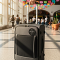 A dark gray rolling suitcase with a telescoping handle extended and a circular logo patch on the front, being pulled by a hand in a bright, sunlit airport terminal.