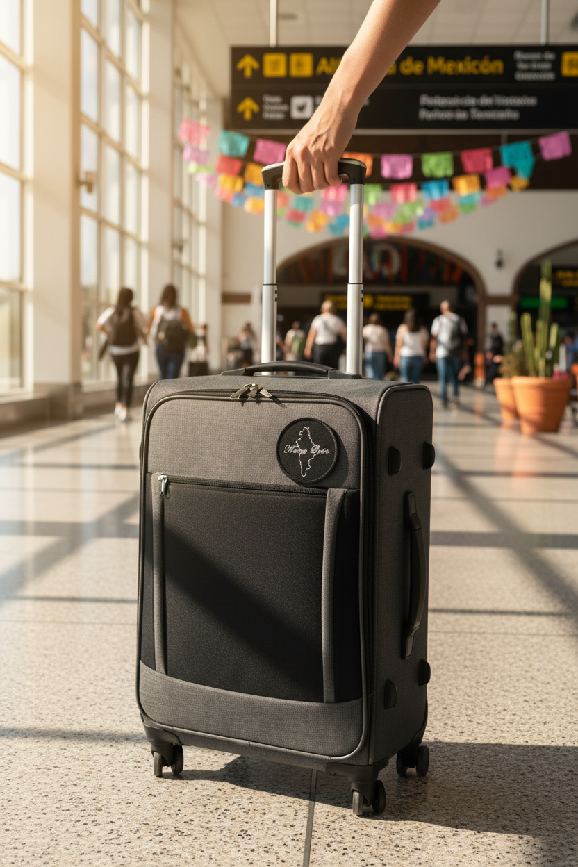 A dark gray rolling suitcase with a telescoping handle extended and a circular logo patch on the front, being pulled by a hand in a bright, sunlit airport terminal.