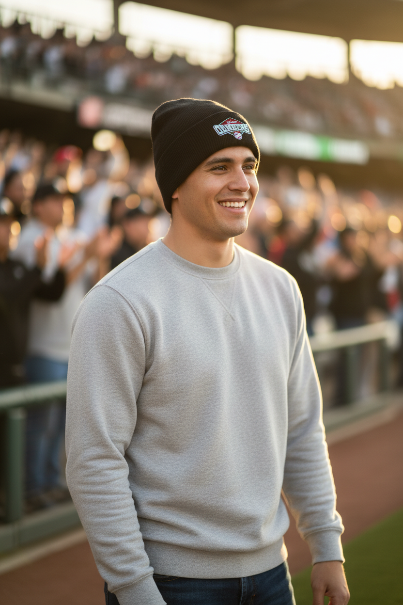 A smiling man wearing a black beanie with a colorful 'Olmecas de Tabasco ' logo and a light gray crewneck sweatshirt, standing on a baseball field with a blurred crowd in the stadium background.