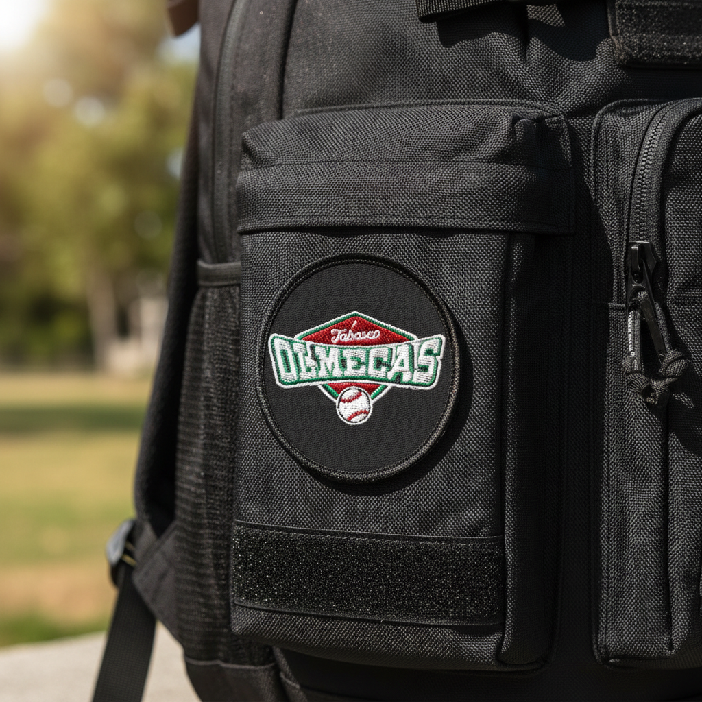A close-up of a black tactical backpack featuring a circular embroidered patch on the front pocket. The patch displays the text 'Olmecas de Tabasco' in green and white with a red top section and a baseball graphic below.