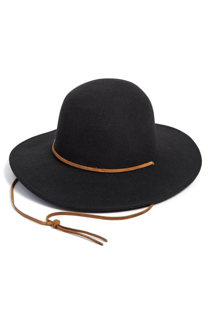 A black Brixton men's wide brim felt fedora hat with a brown slim contrast strap.