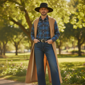 A man wearing a cowboy hat, tan duster coat, blue plaid shirt, blue jeans, and brown boots stands on a park path with trees in the background.