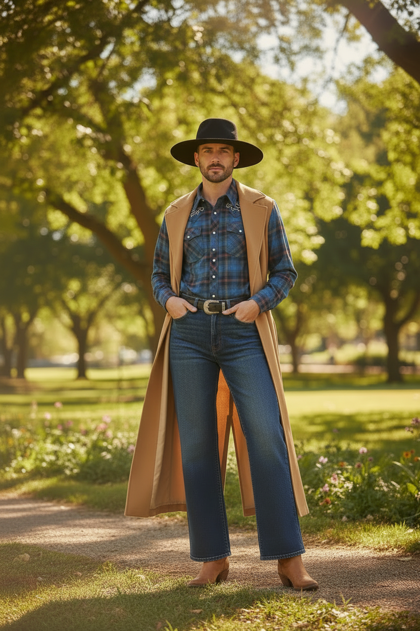 A man wearing a cowboy hat, tan duster coat, blue plaid shirt, blue jeans, and brown boots stands on a park path with trees in the background.