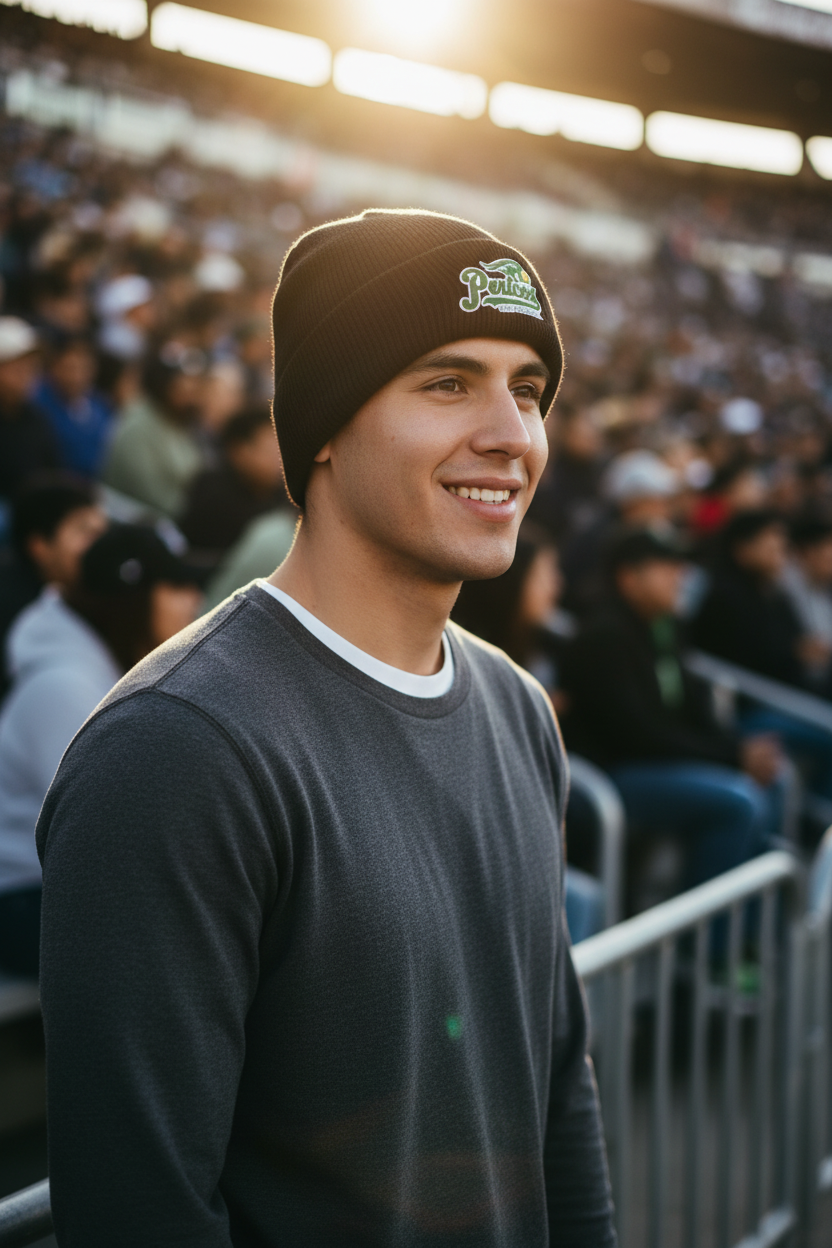 A smiling man in a stadium wearing a black beanie with a green and white 'Pericos de Puebla' logo and a dark gray long-sleeve shirt.