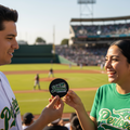 Round embroidered Pericos de Puebla patch in hand, green logo on black fabric
