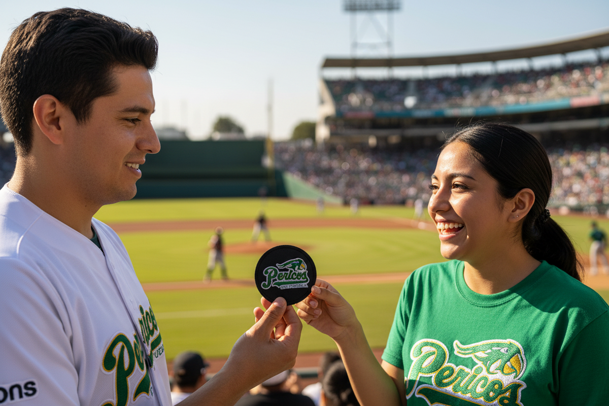 Round embroidered Pericos de Puebla patch in hand, green logo on black fabric
