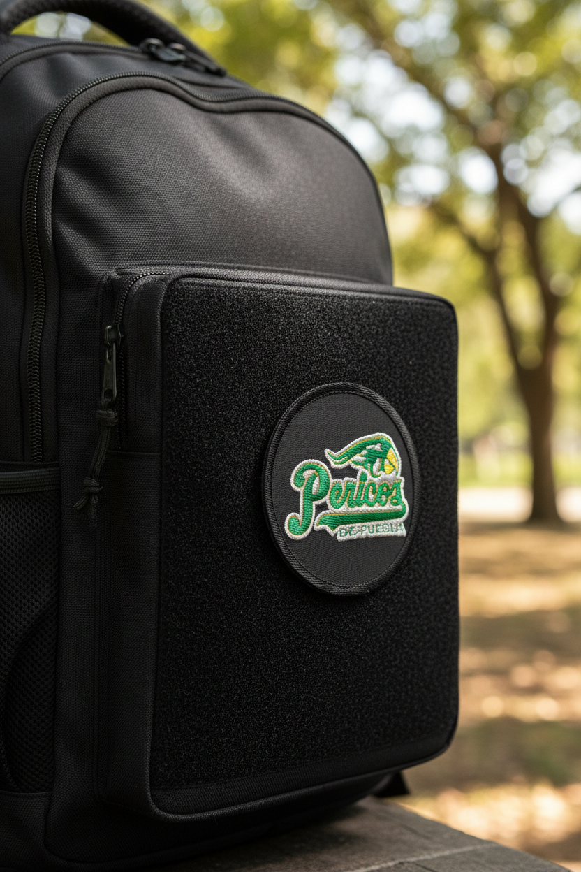 Embroidered Pericos de Puebla patch on black backpack front pocket