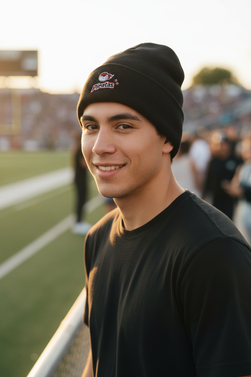 A smiling young man wearing a black knit beanie with a Piratas de Campeche logo and a black t-shirt, standing on a sports field at sunset.