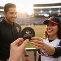 A person in a baseball uniform holds up a round black Pirates de Campeche logo patch toward another person in a stadium at sunset. A man in a black polo stands behind them, and the baseball field and stands are visible in the background.