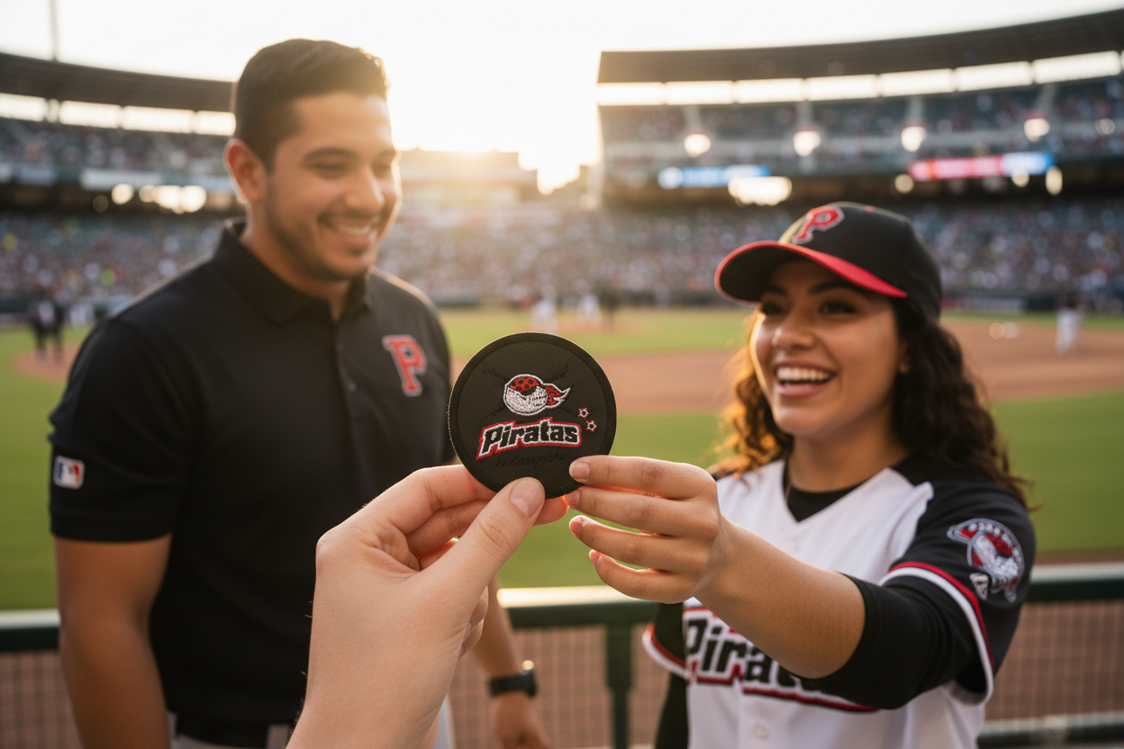 A person in a baseball uniform holds up a round black Pirates de Campeche logo patch toward another person in a stadium at sunset. A man in a black polo stands behind them, and the baseball field and stands are visible in the background.