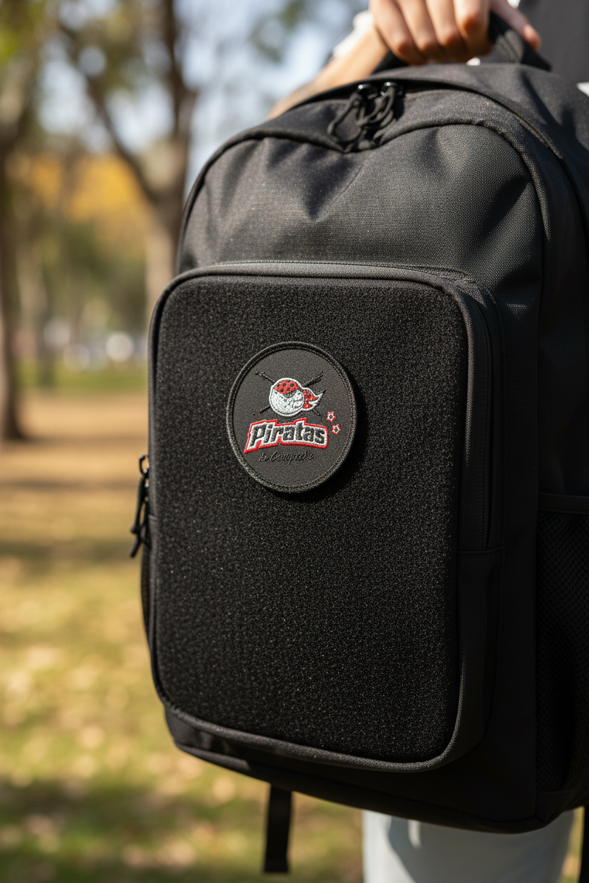 A close-up of a black backpack being held outdoors, with a circular front patch reading “Pirates” and a bird logo. A person’s hand and part of their body are visible at the top, and the background is a blurred park setting.