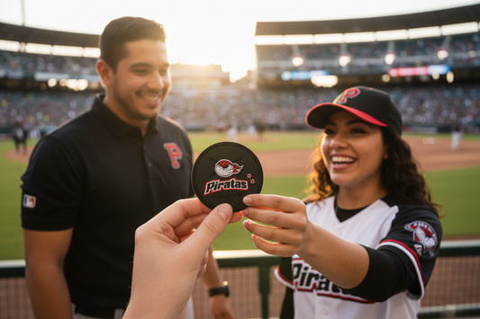 A person in a baseball uniform holds up a round black Pirates de Campeche logo patch toward another person in a stadium at sunset. A man in a black polo stands behind them, and the baseball field and stands are visible in the background.