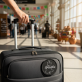 A black rolling suitcase with an extended telescoping handle is shown in a bright airport terminal. A hand grips the handle, and the background features a blurred travel scene with signs and passengers.