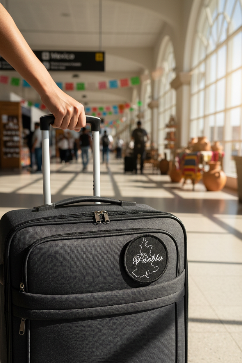 A black rolling suitcase with an extended telescoping handle is shown in a bright airport terminal. A hand grips the handle, and the background features a blurred travel scene with signs and passengers.