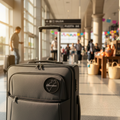A black rolling suitcase with an extended telescoping handle stands in a brightly lit airport terminal. The suitcase features a front zippered pocket with a circular black-and-white logo patch and a telescoping handle.