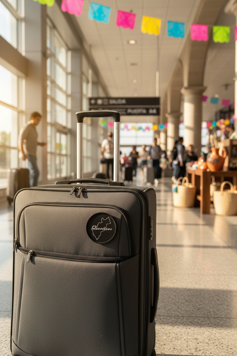 A black rolling suitcase with an extended telescoping handle stands in a brightly lit airport terminal. The suitcase features a front zippered pocket with a circular black-and-white logo patch and a telescoping handle.