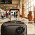 A dark gray rolling suitcase with an extended telescoping handle stands in a brightly lit airport terminal. A circular black patch on the front pocket features a white graphic of a horse and the text 'Desert Eagle'.