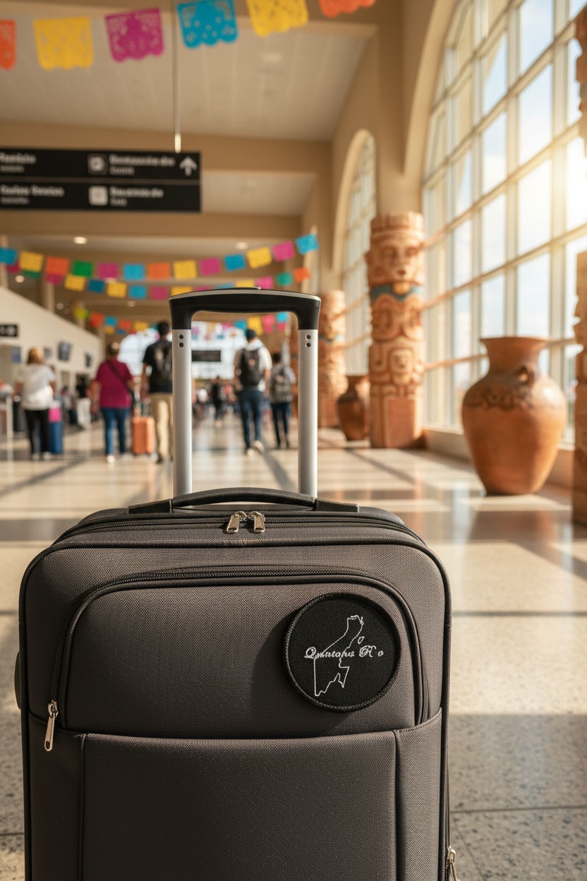A dark gray rolling suitcase with an extended telescoping handle stands in a brightly lit airport terminal. A circular black patch on the front pocket features a white graphic of a horse and the text 'Desert Eagle'.