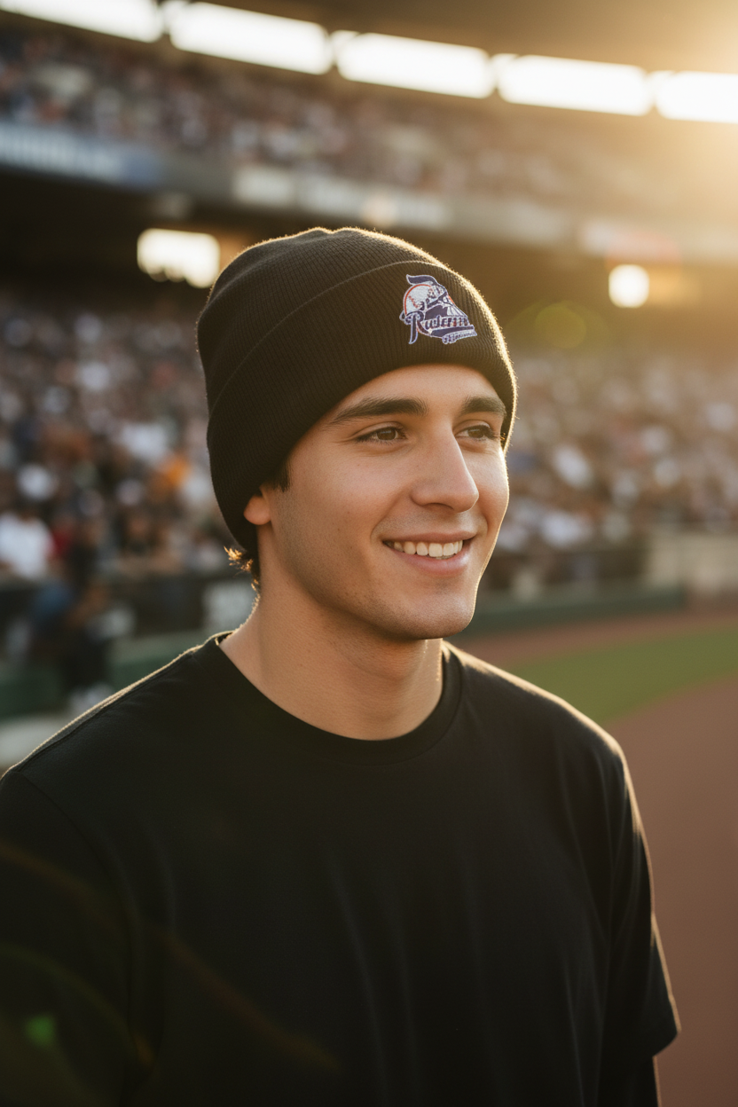 A smiling man in a black Rieleros de Aguascalientes beanie with a white and blue baseball logo and a black t-shirt, standing in a stadium during warm golden hour sunlight.