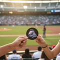A smiling couple in a baseball stadium holds up a round black sticker featuring the Rieleros de Aguascalientes logo. The background shows a blurred field and crowd in the stadium.
