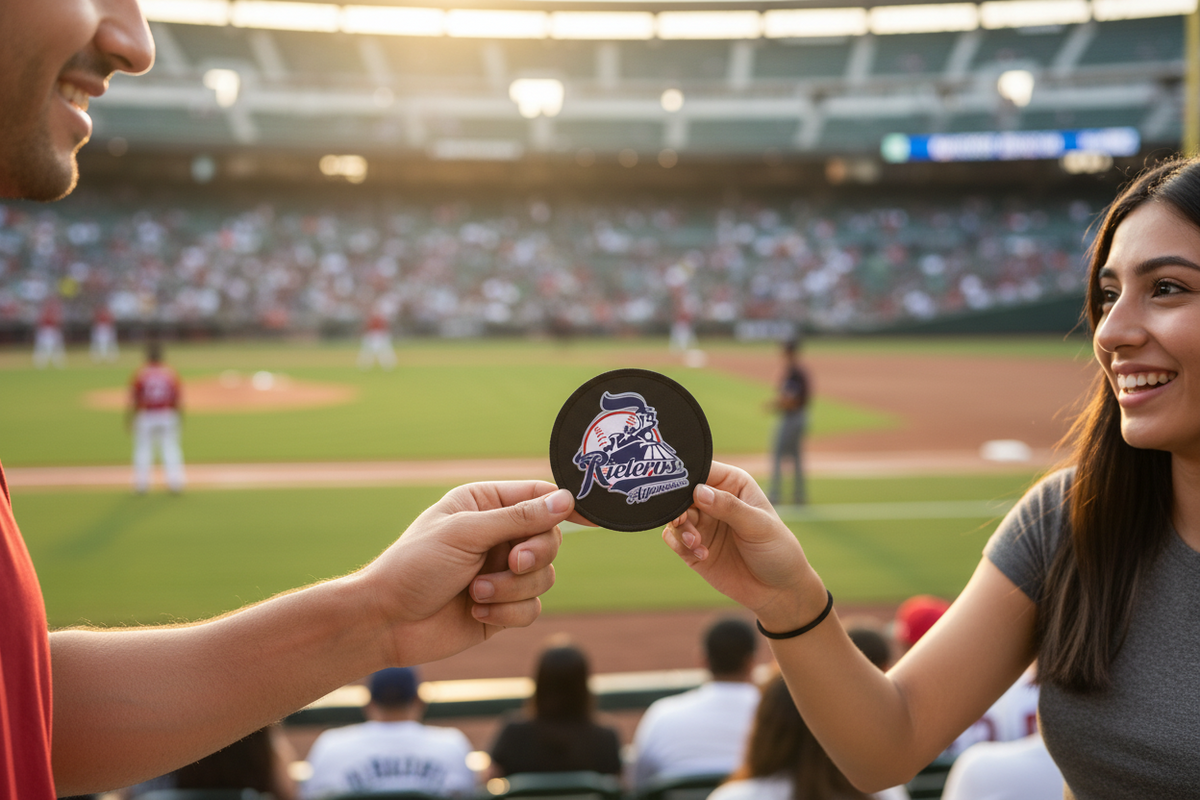 A smiling couple in a baseball stadium holds up a round black sticker featuring the Rieleros de Aguascalientes logo. The background shows a blurred field and crowd in the stadium.
