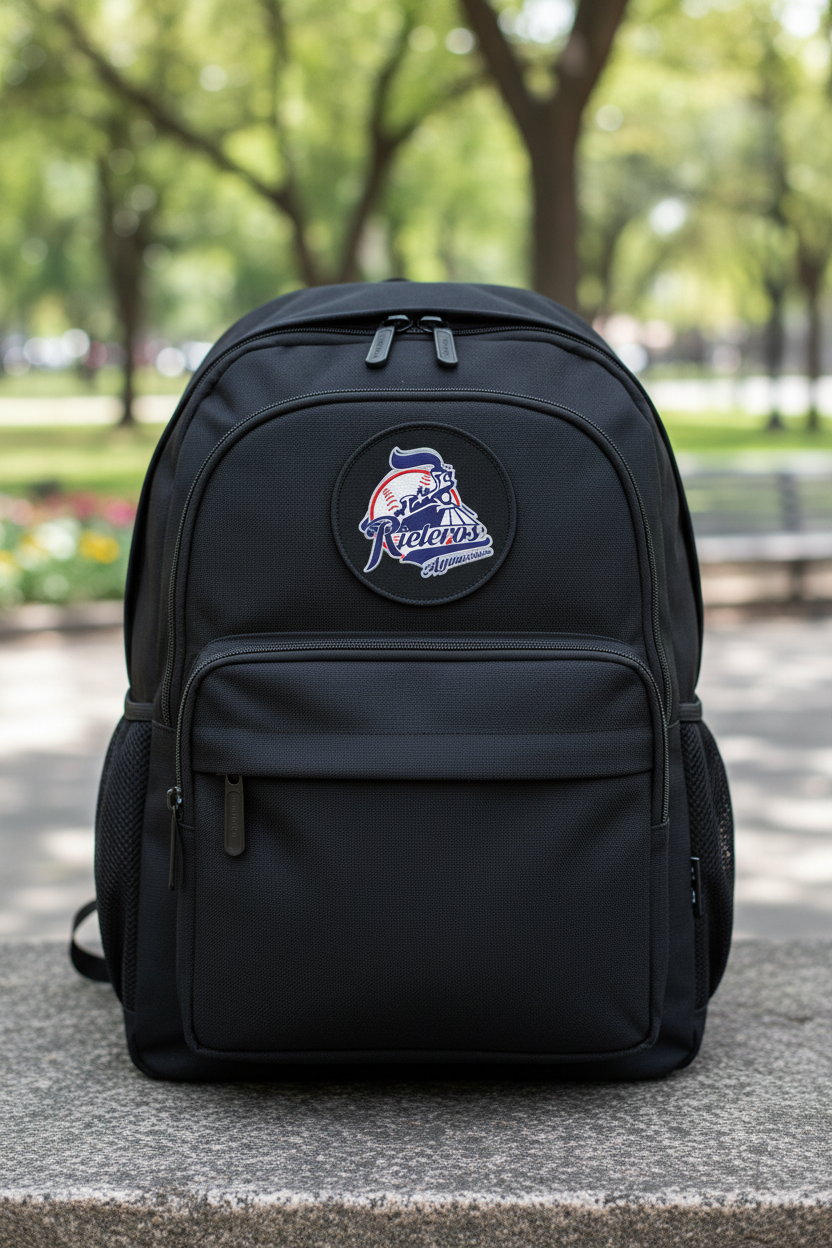 A black backpack with a circular 'Rieleros' patch on the front, sitting on a stone ledge in an outdoor park setting with blurred green trees in the background.