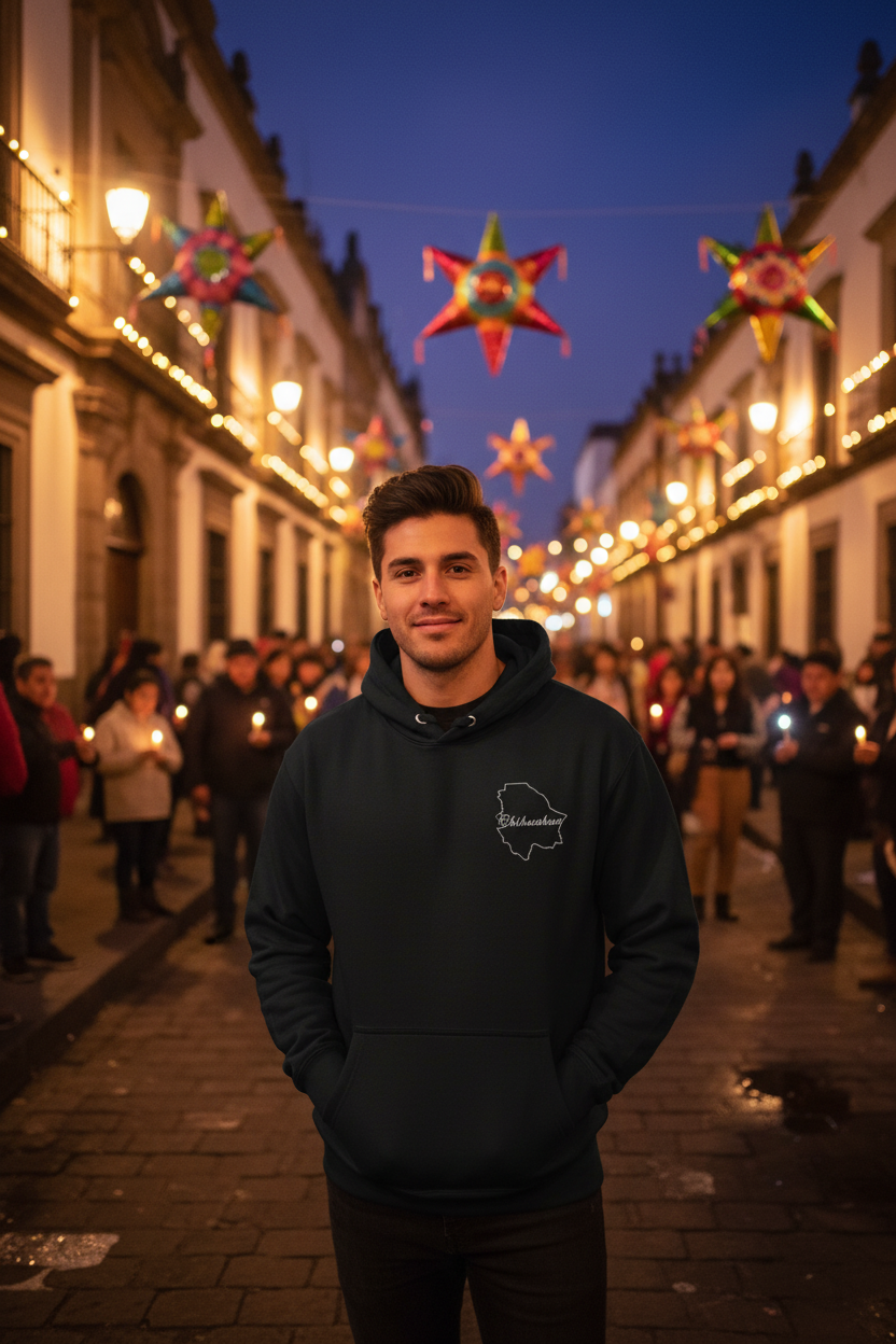 A man wearing a black hoodie with a white outline graphic stands on a cobblestone street at dusk, with people holding candles and colorful hanging star decorations in the background.