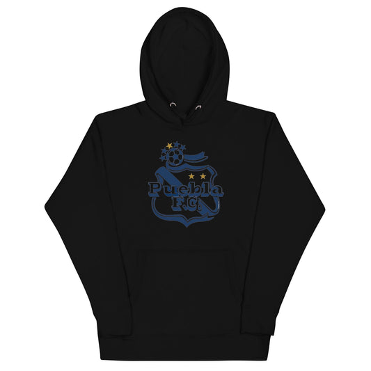 Black Club Puebla hoodie with a hood and front pouch pocket, featuring a graphic print of the club's crest.