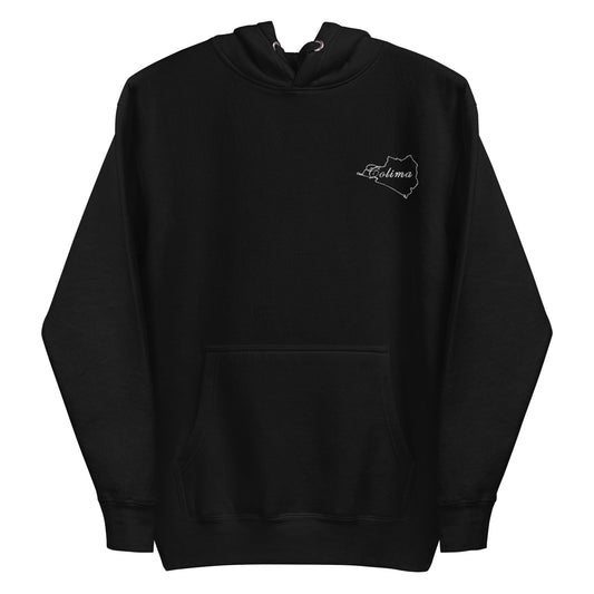 Colima unisex hoodie in dark color with hood, drawstrings, front kangaroo pocket, logo