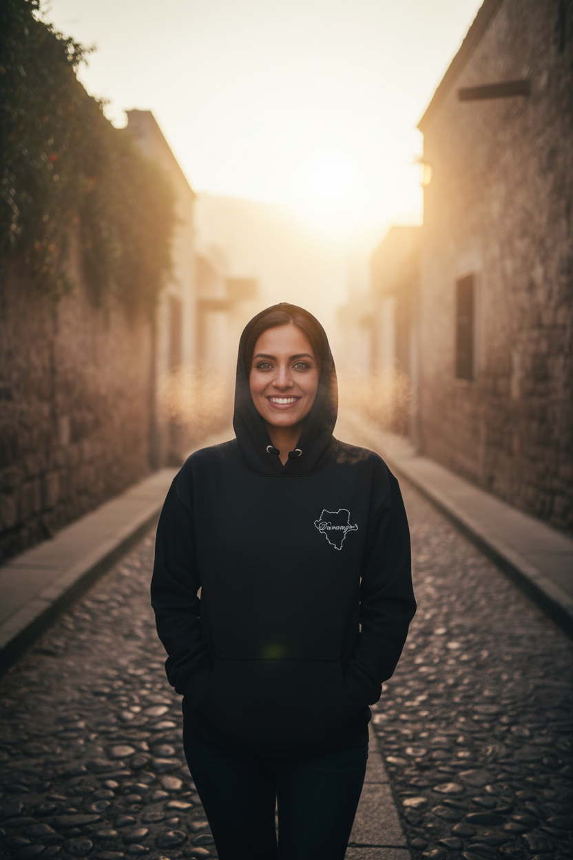 A woman stands smiling in a narrow cobblestone street at sunrise, wearing a black hoodie with a small white chest logo that reads 'Kingsbridge'. The sun is low in the background, creating a warm golden glow and soft haze.