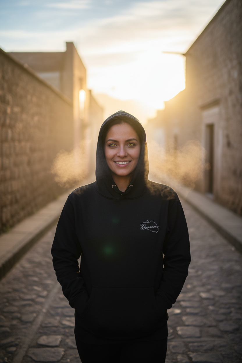 A woman wearing a black hoodie with a small white graphic logo on the left chest stands on a cobblestone street at sunset. The background features warm golden light and blurred stone buildings.