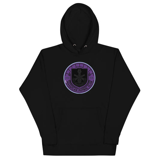 A black hoodie with a graphic print in the center, featuring a hood and a front pouch pocket.