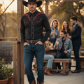 Black western cowboy shirt with red embroidery, long sleeves, button front