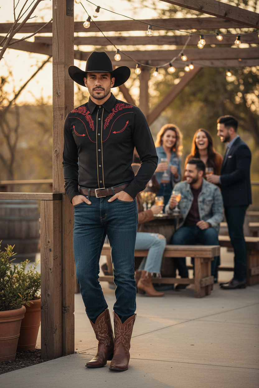 Black western cowboy shirt with red embroidery, long sleeves, button front