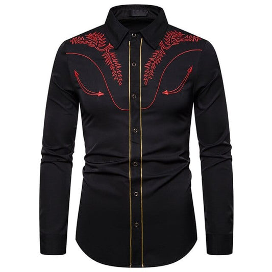 Men's Slim Fit Western Cowboy Shirt with Black Embroidery – Casual Long Sleeve Dress Shirt for Weddings & Tuxedos