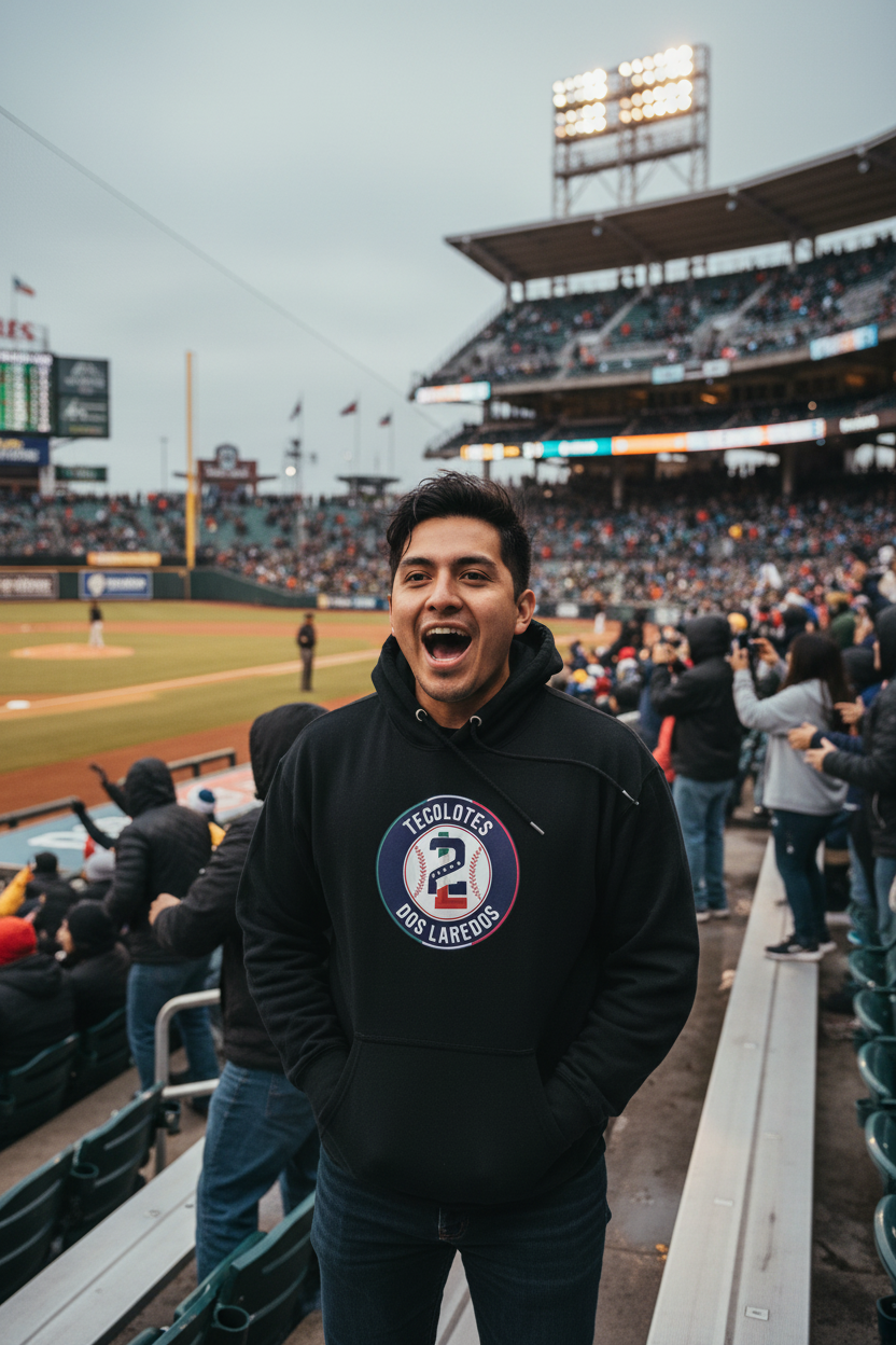 A man wearing a black hoodie with a circular 'Tecolotes Dos Laredos' logo stands in a crowded baseball stadium, laughing and smiling. The background shows the field, stands, and other spectators.