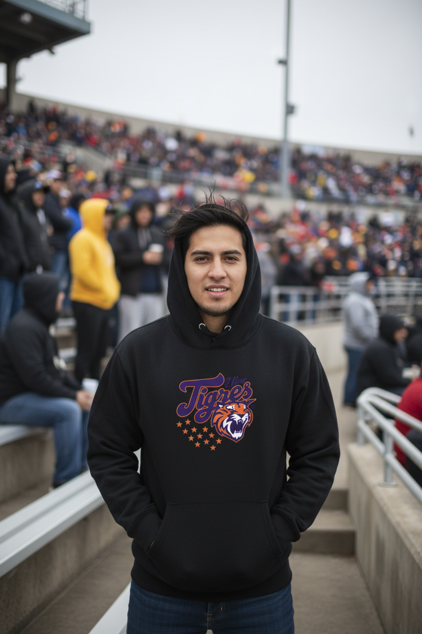 A man wearing a black hoodie with a purple and orange 'Tigers' tiger graphic on the chest, standing in an outdoor stadium with a crowd in the background.