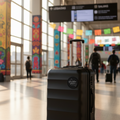 A black hard-shell spinner suitcase with an extended telescopic handle stands in a brightly lit airport terminal. The background shows blurred travelers, colorful hanging papel picado banners, and signage.