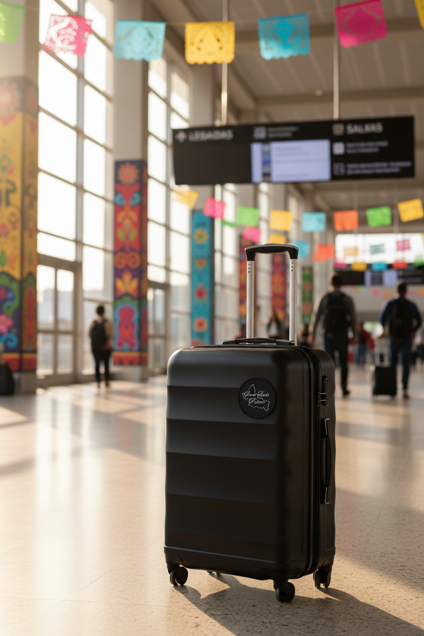 A black hard-shell spinner suitcase with an extended telescopic handle stands in a brightly lit airport terminal. The background shows blurred travelers, colorful hanging papel picado banners, and signage.