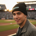 A man wearing a black knit beanie with a green and white 'Saraperos de Santillo' logo, standing at a baseball stadium at sunset.