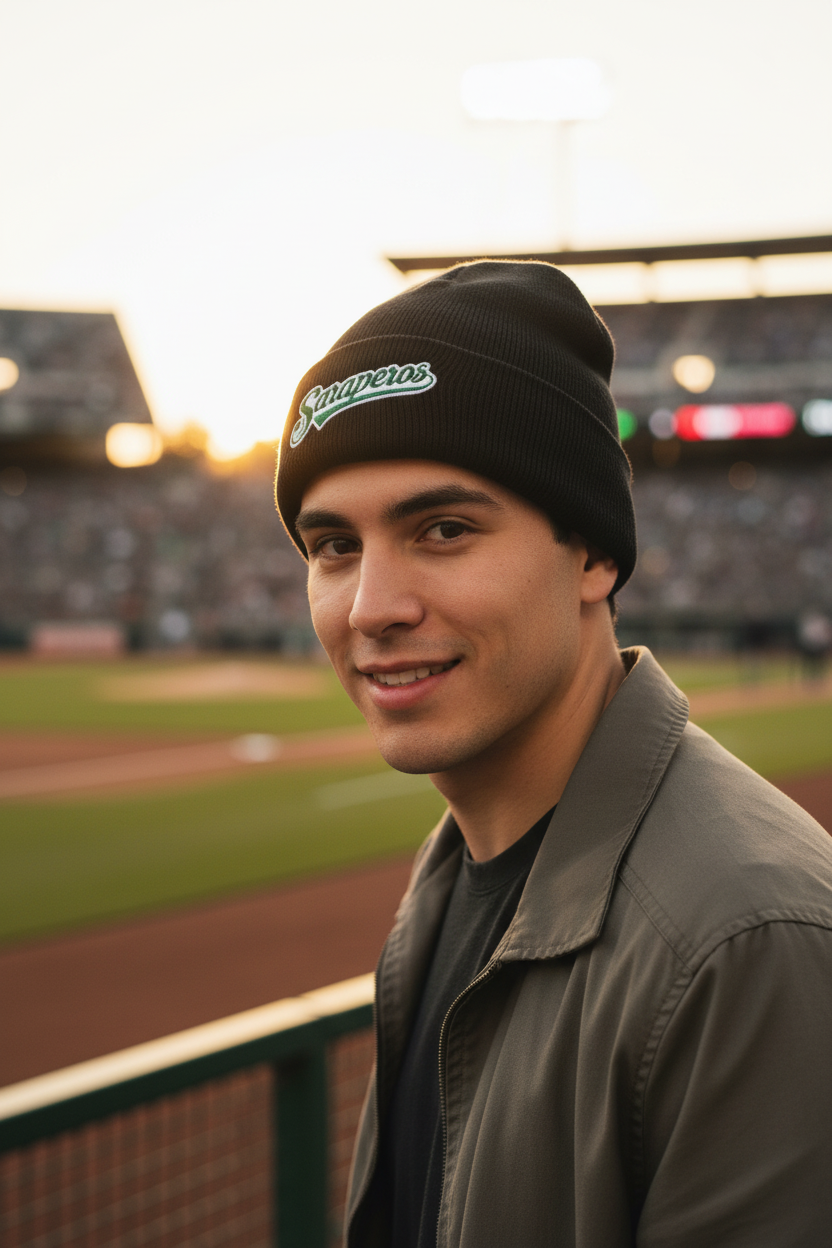 A man wearing a black knit beanie with a green and white 'Saraperos de Santillo' logo, standing at a baseball stadium at sunset.