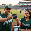 Two people in green baseball uniforms holding a round black sign that reads 'Saperos' in a stadium during a game.