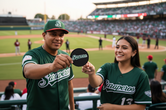Two people in green baseball uniforms holding a round black sign that reads 'Saperos' in a stadium during a game.